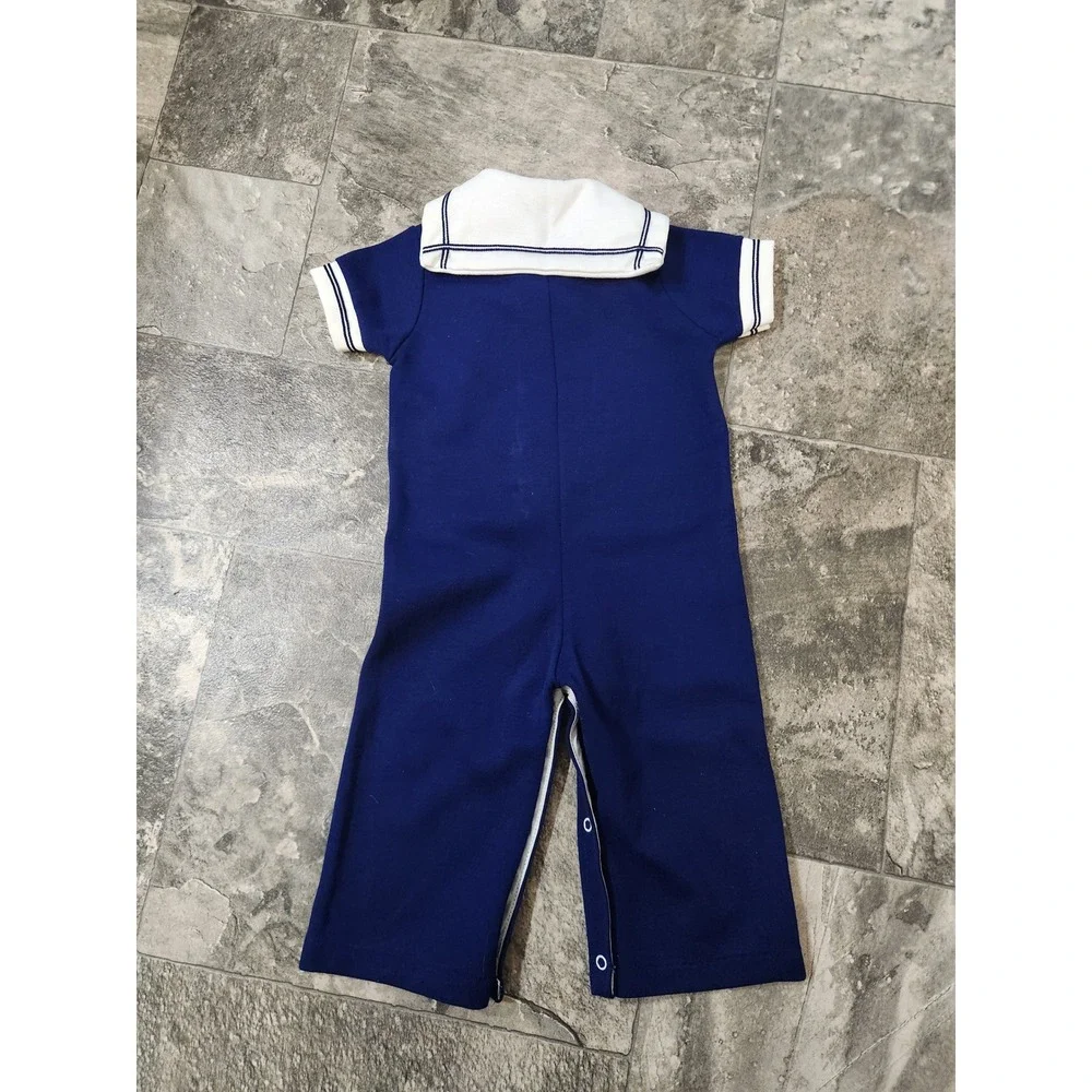 Vintage 70s Dot Spun Sailor Romper Navy Blue‎ Red Tie Anchor Buttons 24 Months